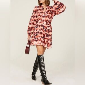 XL Marie Oliver-Nella Napa dye red+cream mini dress with puff sleeves.Size XL